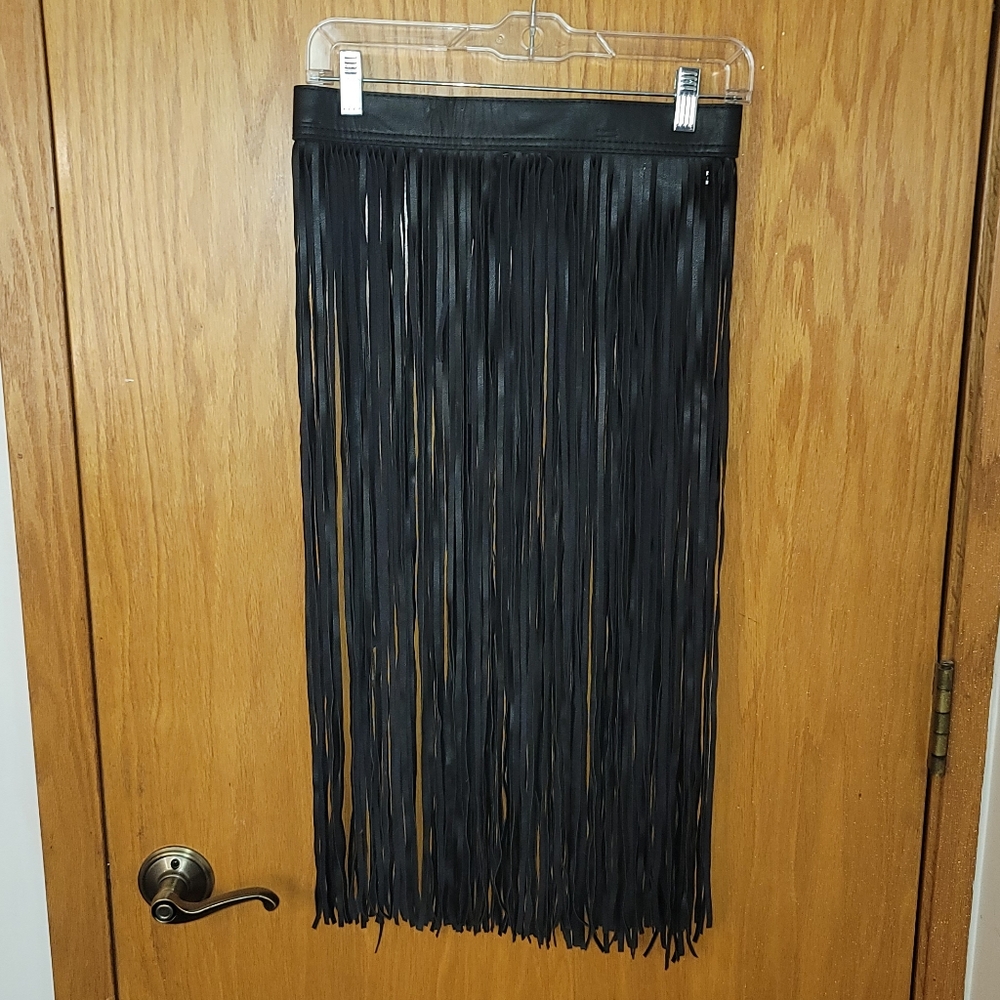Akira Elegant Black Fringe Skirt Faux Leather Western Fringe